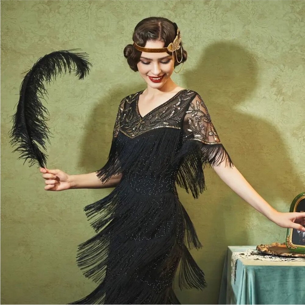SWEETV Elegant Black Fringe Dress 1920s Gatsby